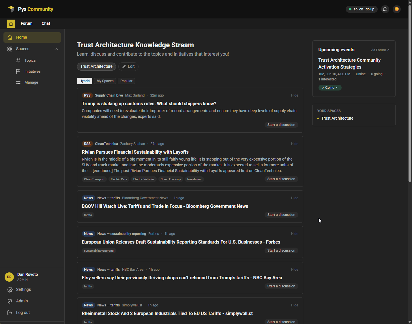 Pyx Dashboard home — the activity feed with source-label chips, the Hybrid / My Spaces / Popular toggles, and the spaces and upcoming-events sidebar