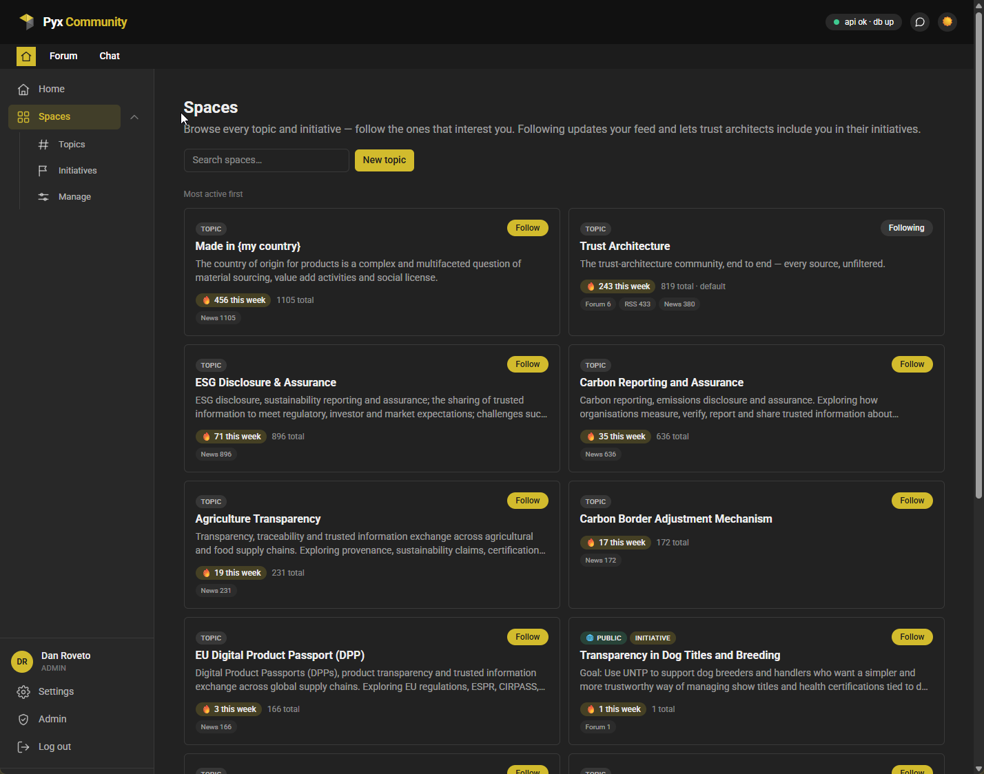 The Spaces directory — a grid of Topic and Initiative cards with weekly activity heat, kind badges, and Follow buttons