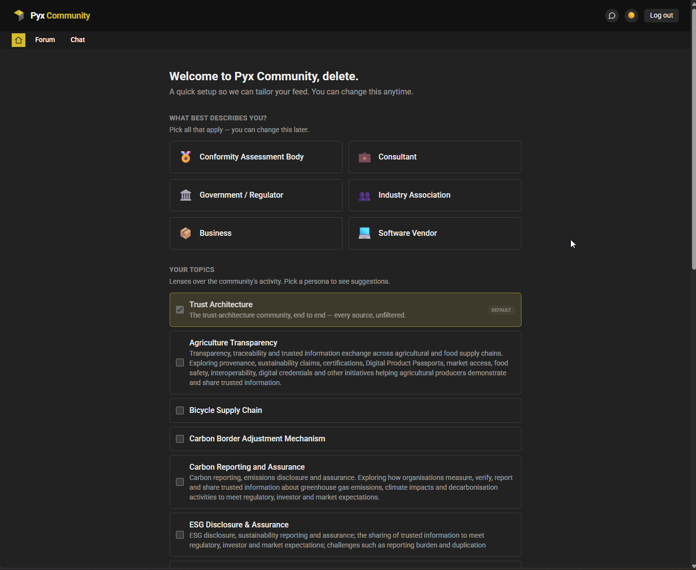 The onboarding screen — persona tiles and the suggested topics list