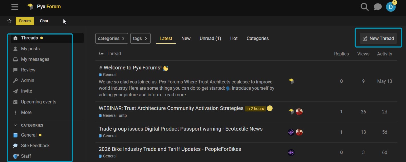 The Pyx Forum home, showing categories and the New Thread button