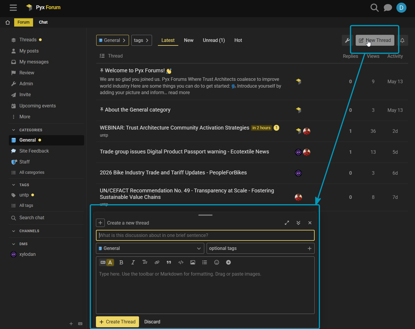 Starting a new thread — title, category, and the editor