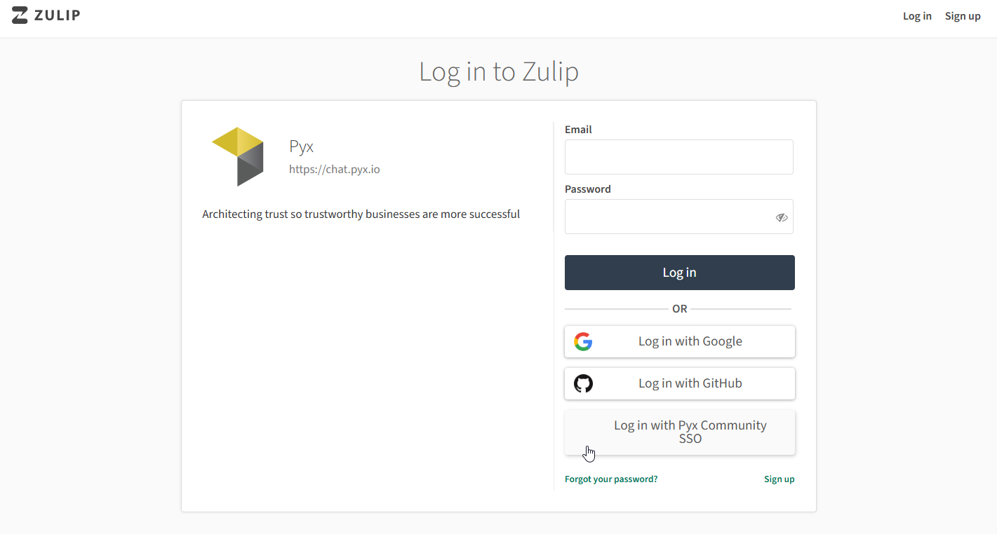 Pyx Chat sign-in screen — choose "Pyx Community SSO"